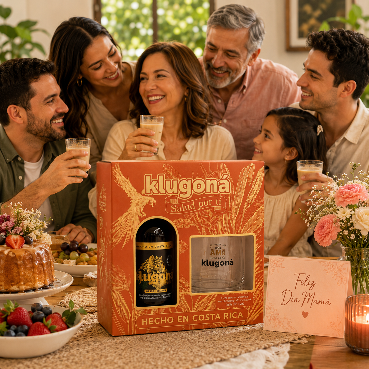 Familia brindando junta alrededor de la mesa con Klugoná